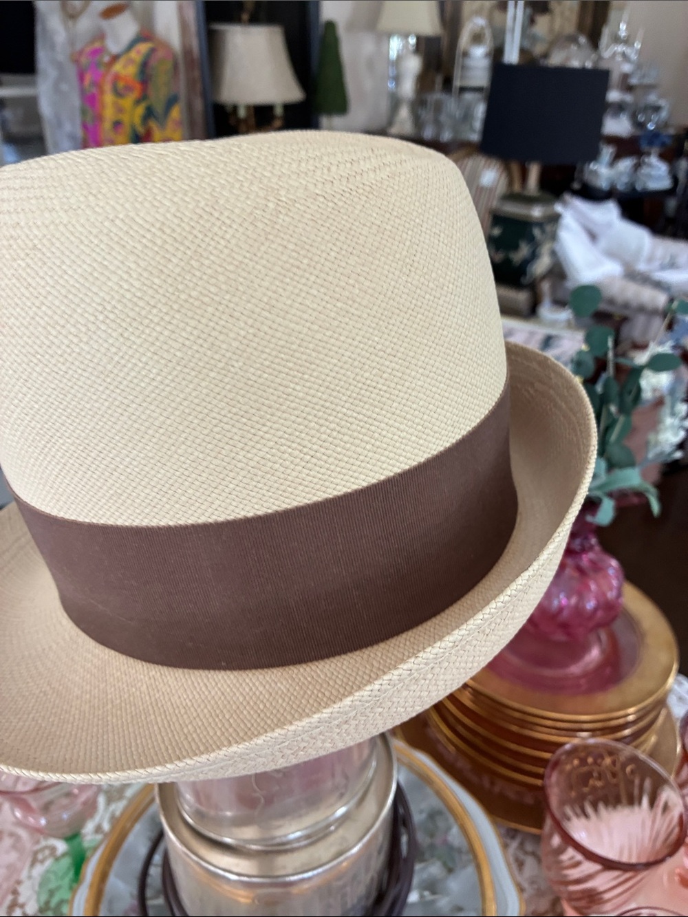 Vintage Panama Straw Fedora Hat with Brown Band - Picture 4 of 6